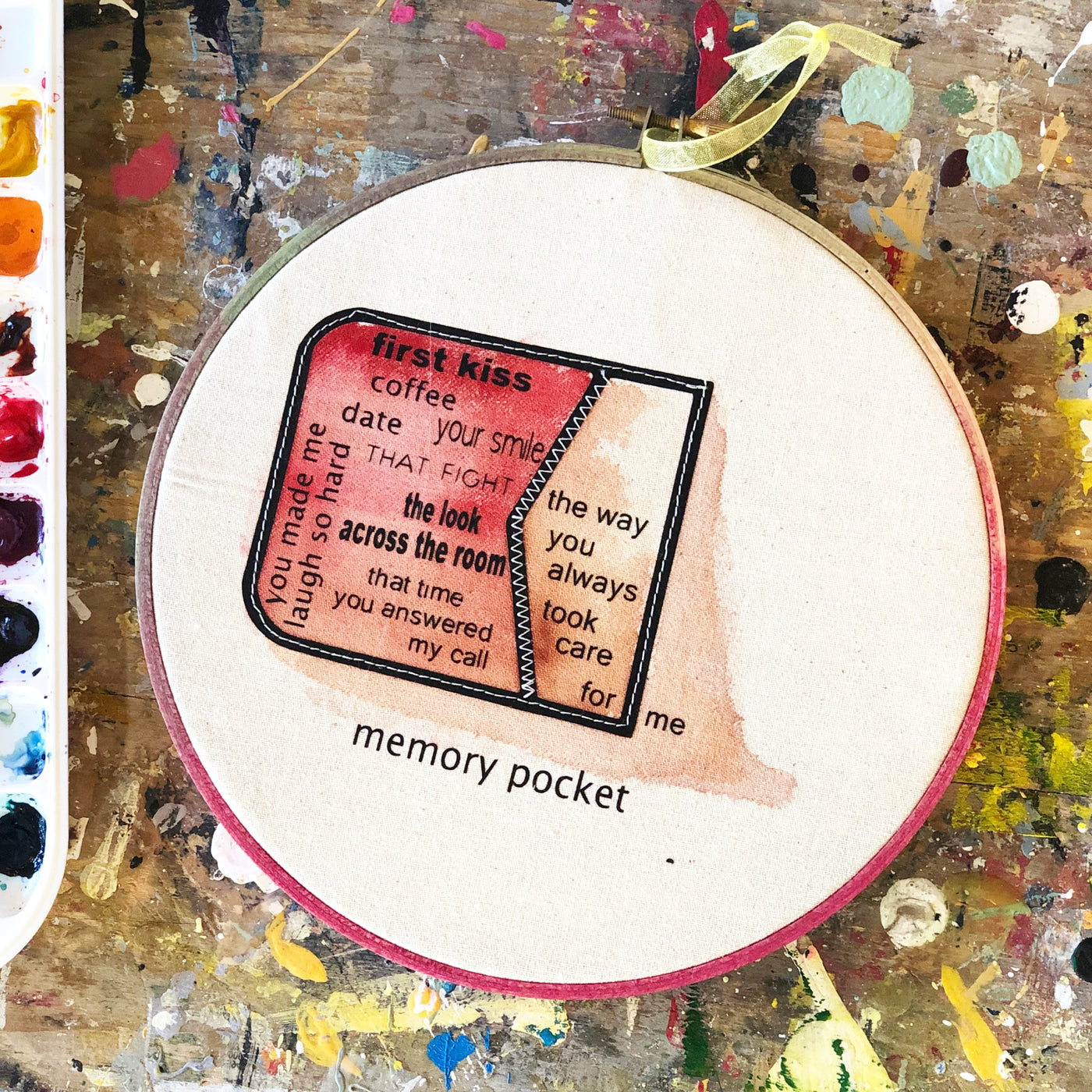 a round wooden painted hoop with canvas, a painted red pocket on its side with the words spilling out...memory pocket, first kiss, coffee date, your smile, the look across the room, that time you answered my call, you always made me laugh so har, the way you always took care for me.