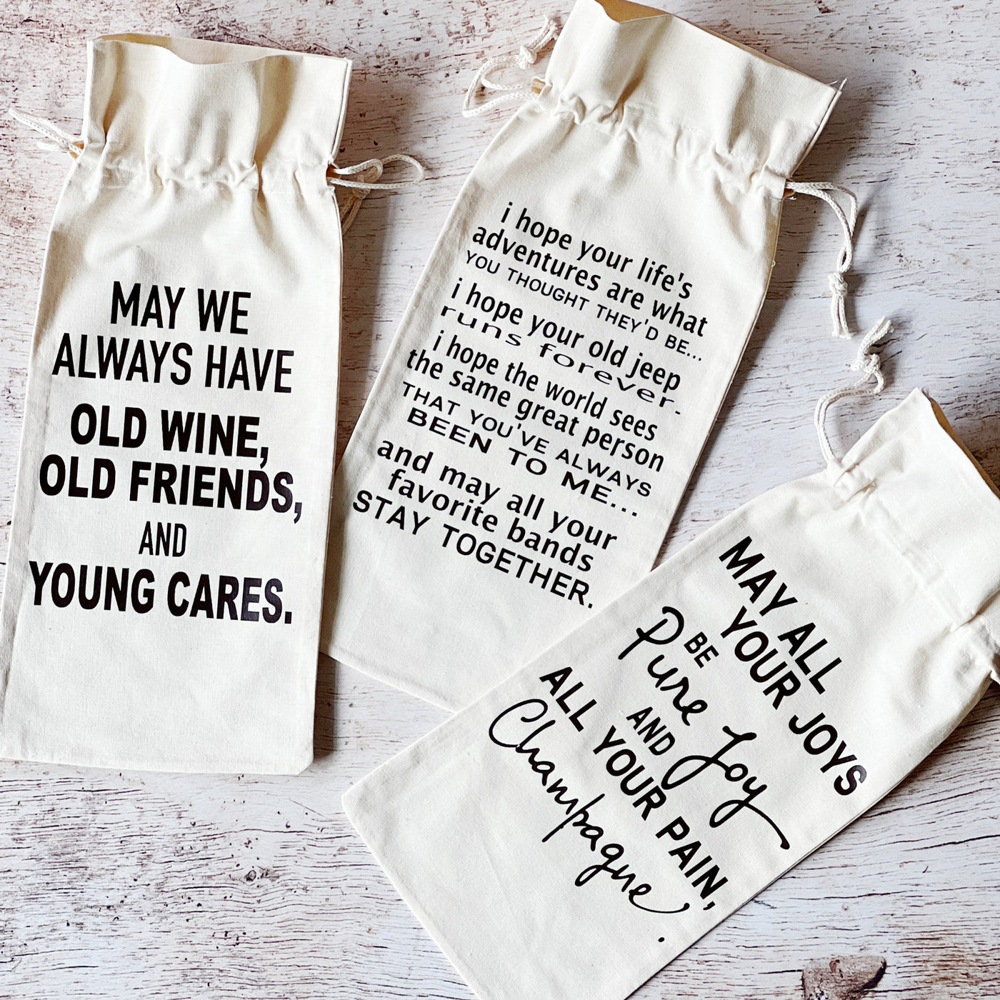 Canvas Bottle Wine Bag - Old Wine, Old Friends and Young Cares