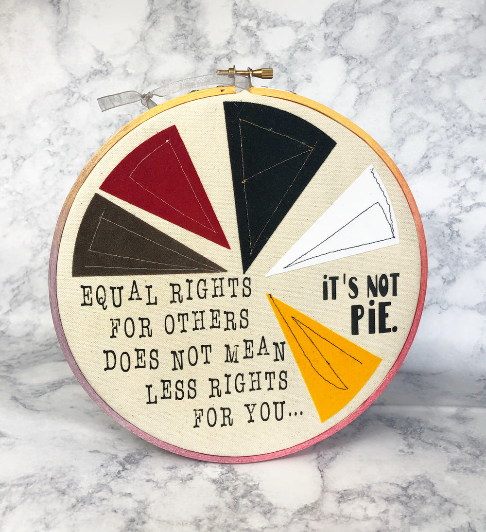 round wooden hoop with wedges in various colors and the words, "equal rights for others does not mean less rights for you..it's not pie."