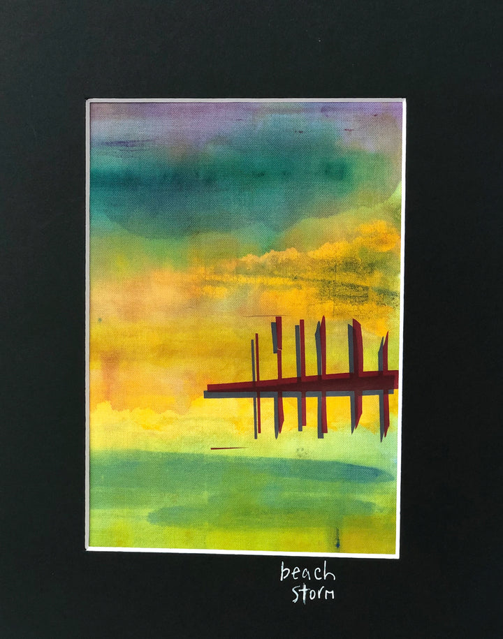 fabric art piece with blues, greens and purple paints, layered with a vinyl depicting a pier