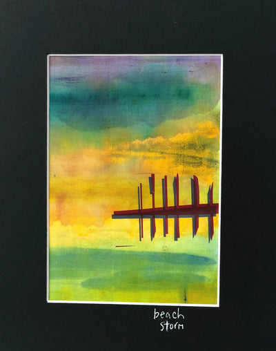 fabric art piece with blues, greens and purple paints, layered with a vinyl depicting a pier