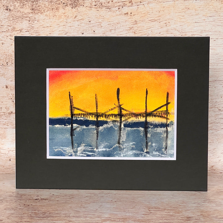 beach pier at sunset - painted mixed media art print