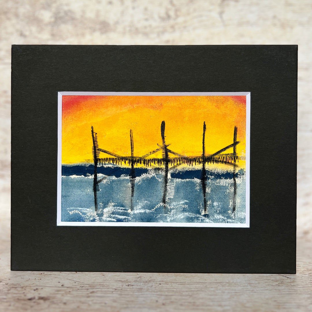 beach pier at sunset - painted mixed media art print