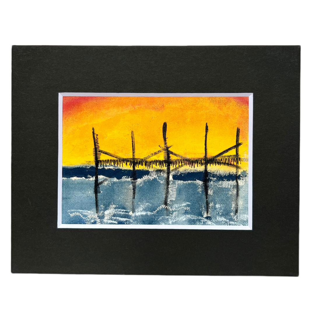 beach pier at sunset - painted mixed media art print