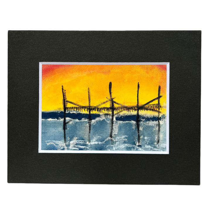 beach pier at sunset - painted mixed media art print