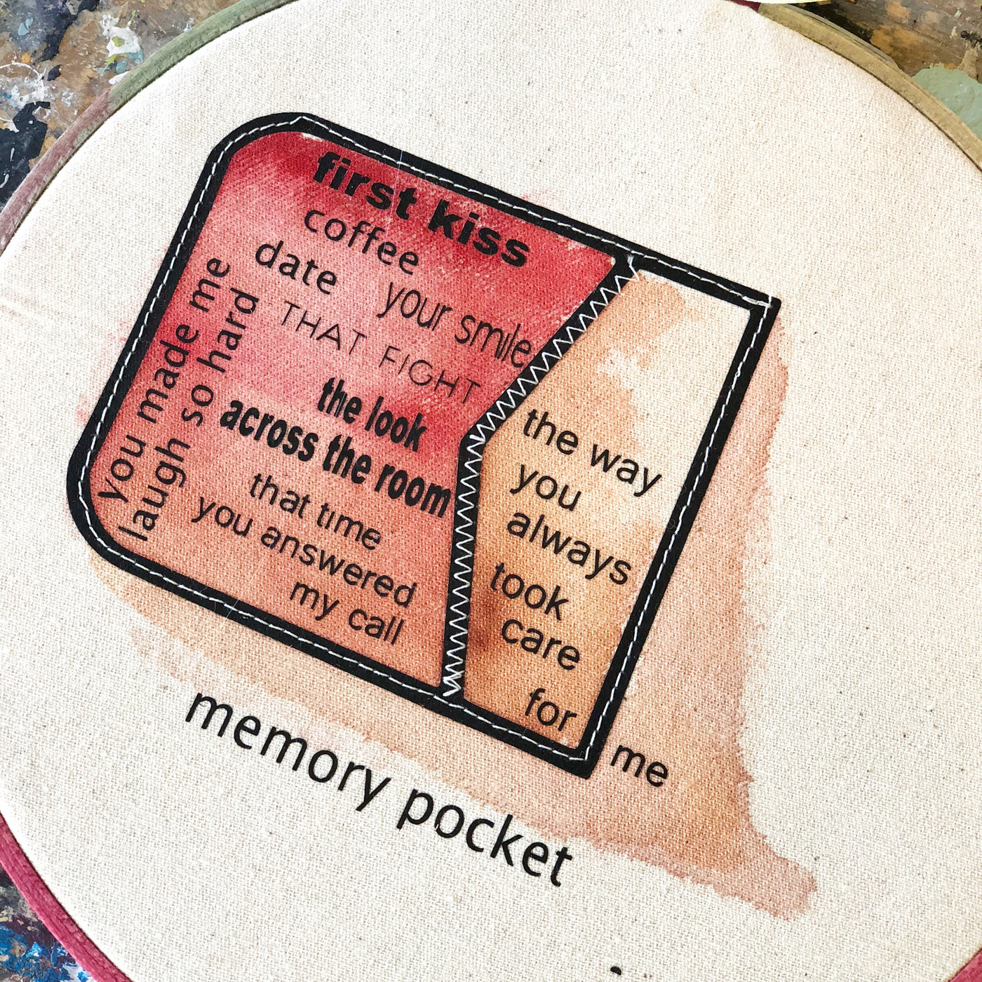 a round wooden painted hoop with canvas, a painted red pocket on its side with the words spilling out...memory pocket, first kiss, coffee date, your smile, the look across the room, that time you answered my call, you always made me laugh so har, the way you always took care for me.