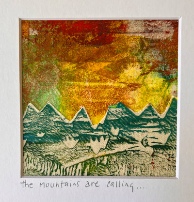 the mountains are calling in this original pretty clever fabric art print with yellows, greens and reds