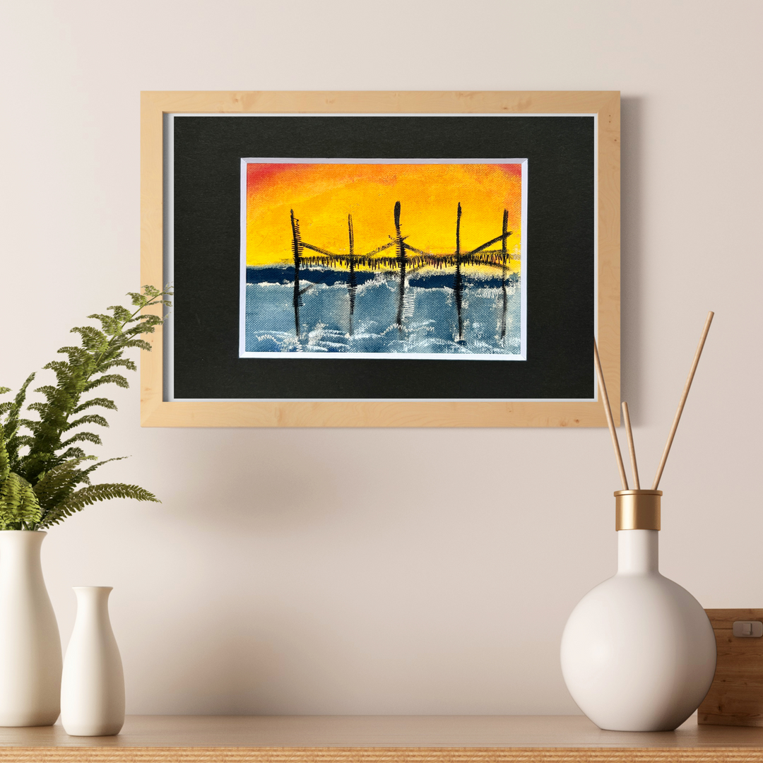 beach pier at sunset - painted mixed media art print