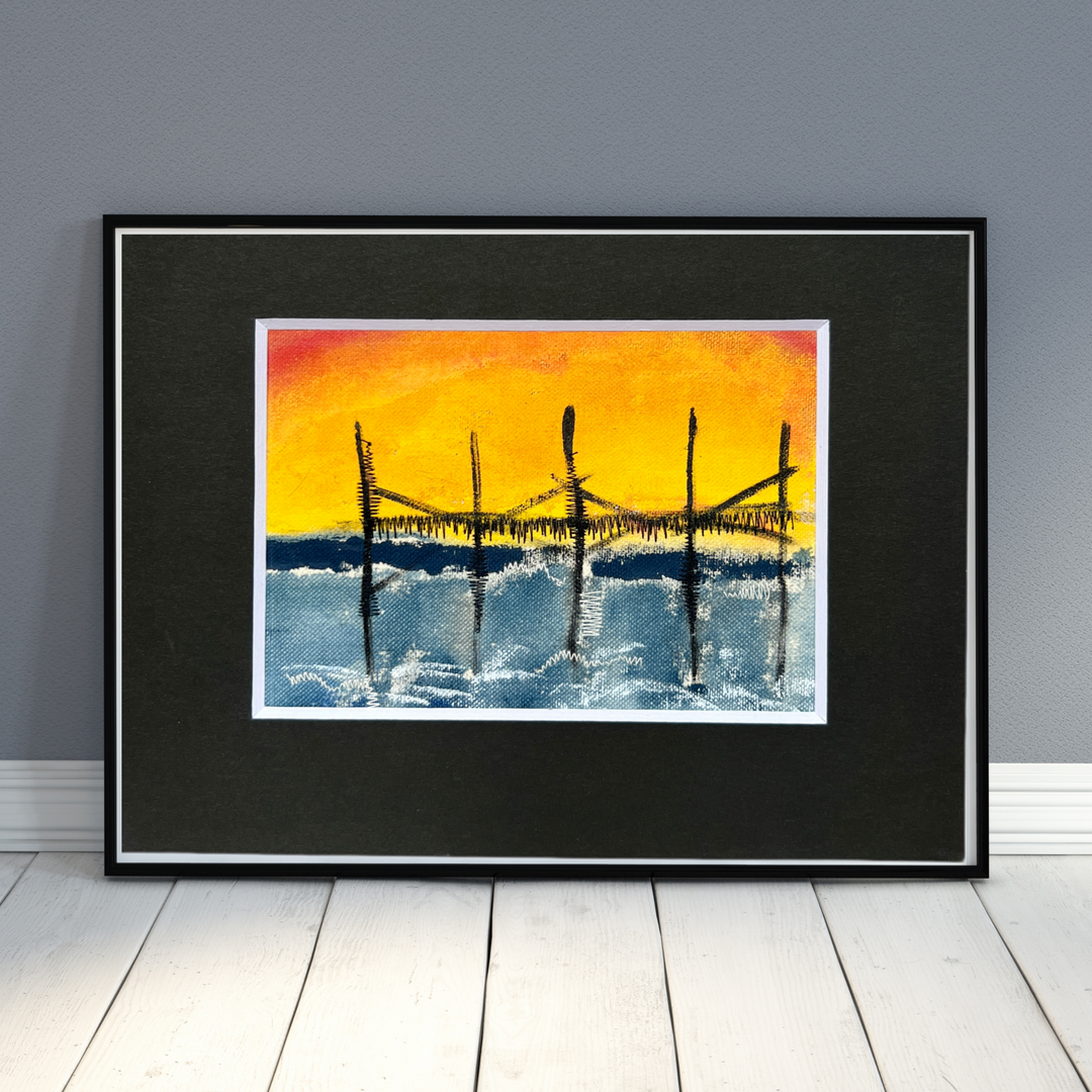 beach pier at sunset - painted mixed media art print