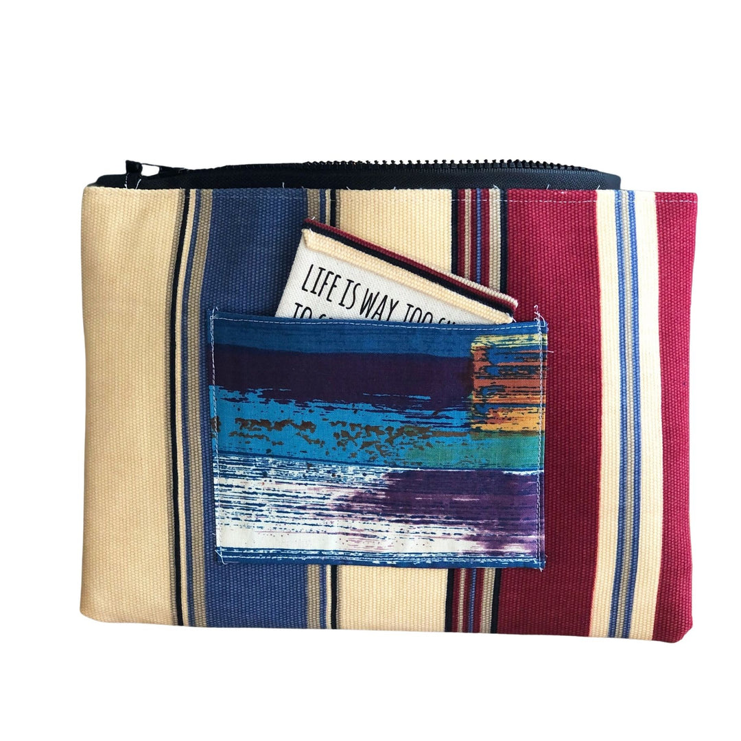striped blue, yellow and red zip bag pouch