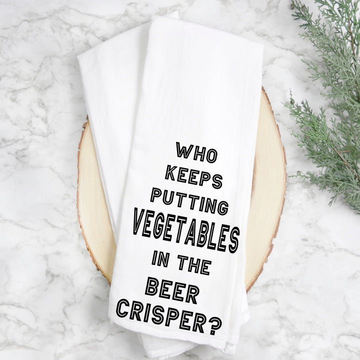 vegetables in the beer crisper? - humorous kitchen bar towel LG