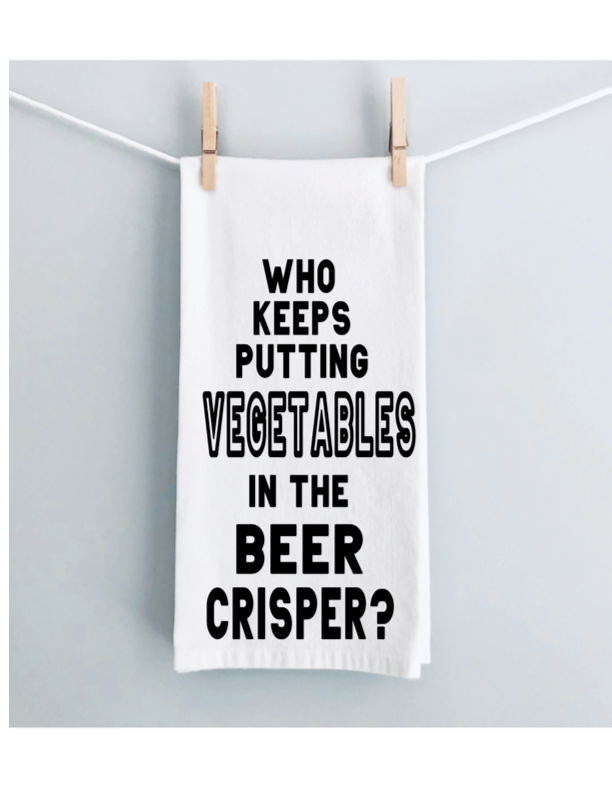 vegetables in the beer crisper? - humorous kitchen bar towel LG