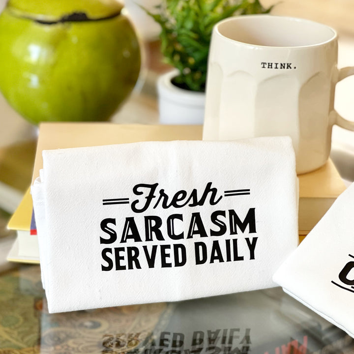fresh sarcasm served daily - humorous bar kitchen towel