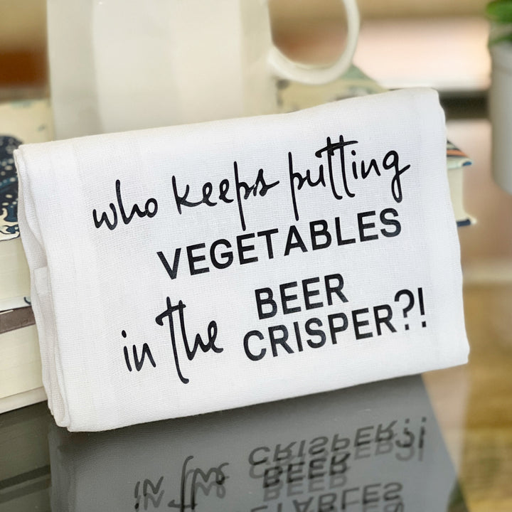 who is putting vegetables in the beer crisper - humorous bar kitchen towel SM