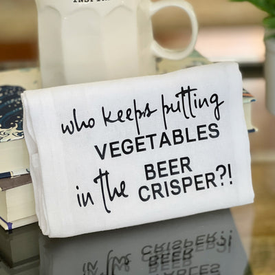 who is putting vegetables in the beer crisper - humorous bar kitchen towel SM