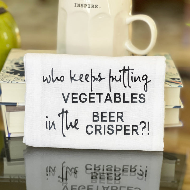 who is putting vegetables in the beer crisper - humorous bar kitchen towel SM