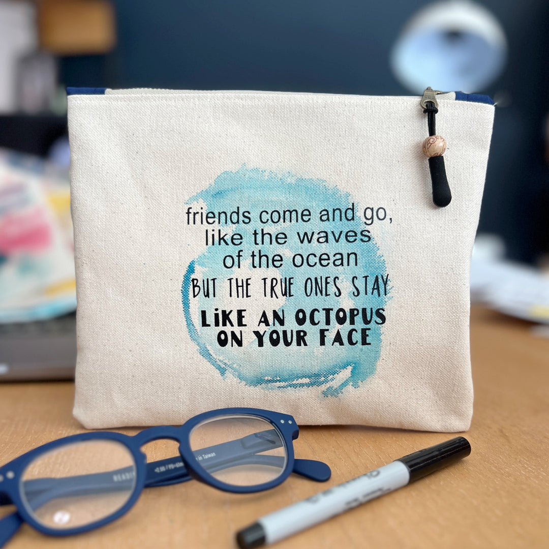 canvas painted zip bag small - friends come and go like waves