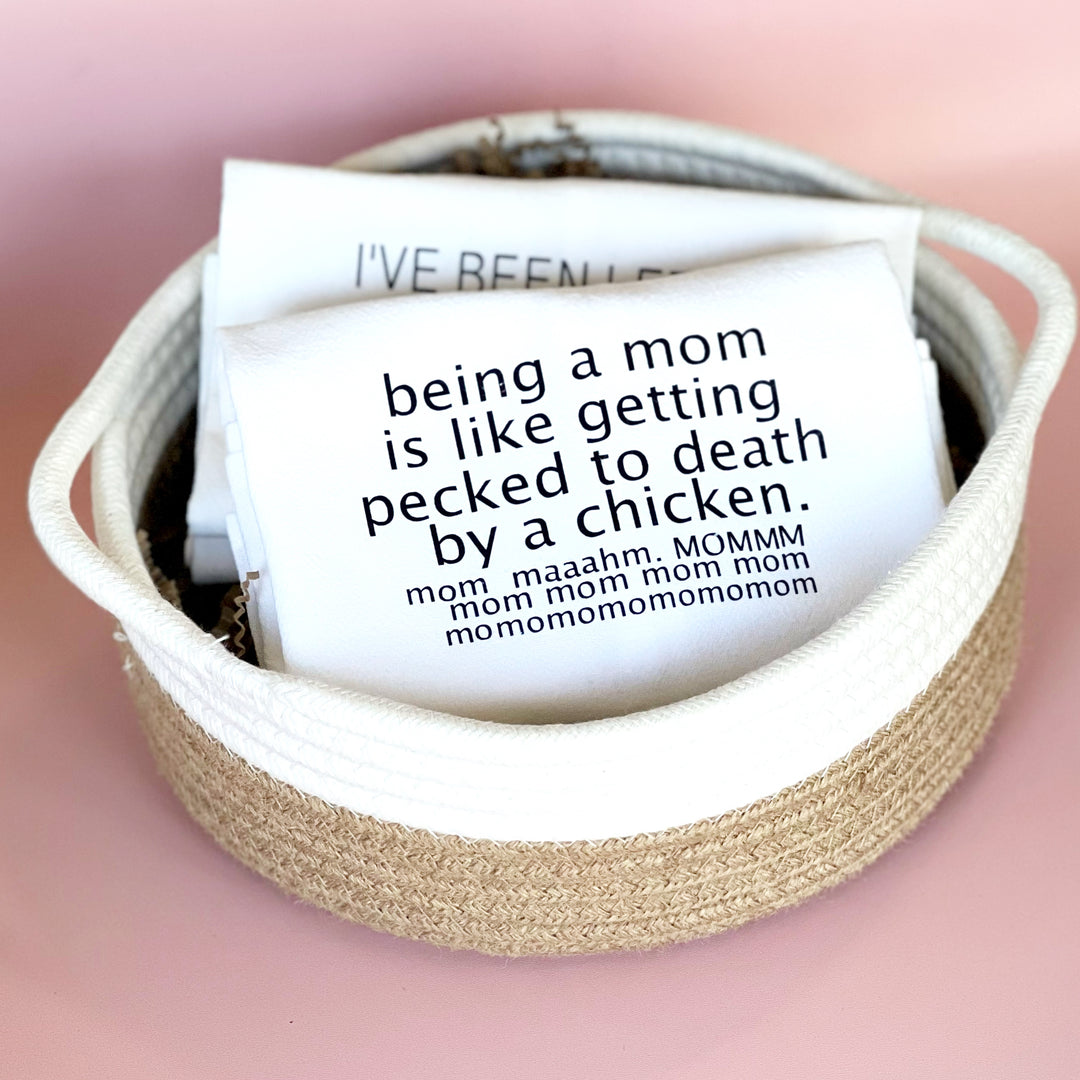 being a mom is like being a chicken - humorous bar kitchen towel SM