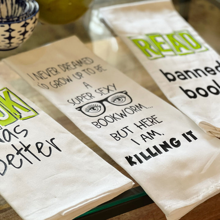 book nerds, read banned books - humorous kitchen bar towel