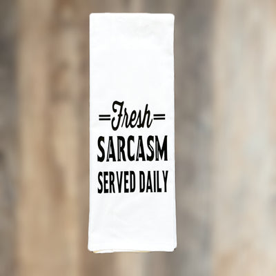 fresh sarcasm served daily - humorous bar kitchen towel