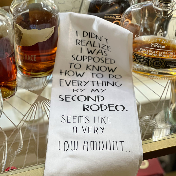 how many rodeos do we need? - humorous bar tea kitchen towel LG