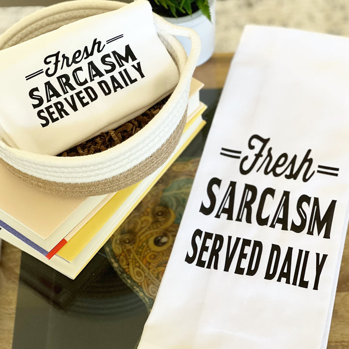 fresh sarcasm served daily - humorous bar kitchen towel