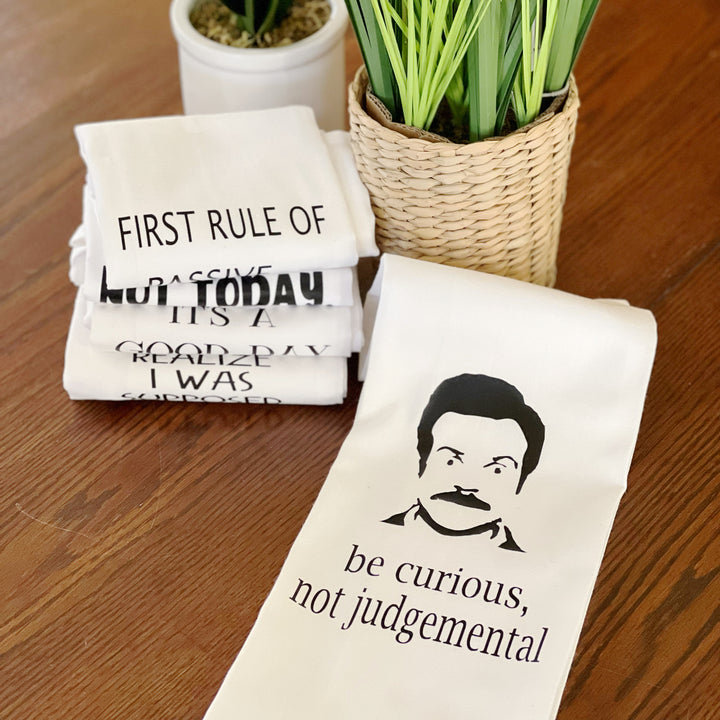 be curious, not judgemental - humorous bar tea kitchen towel LG