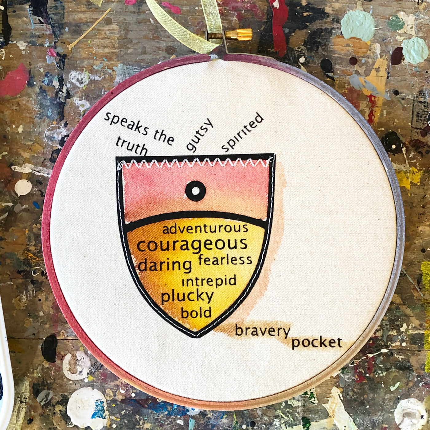 round painted wooden hoop with canvas and a painted pocket shape, filled with words about bravery, such as speaks the truth, gutsy, spirited, adventurous, courageous, fearless, daring, intrepid, plucky and bold 