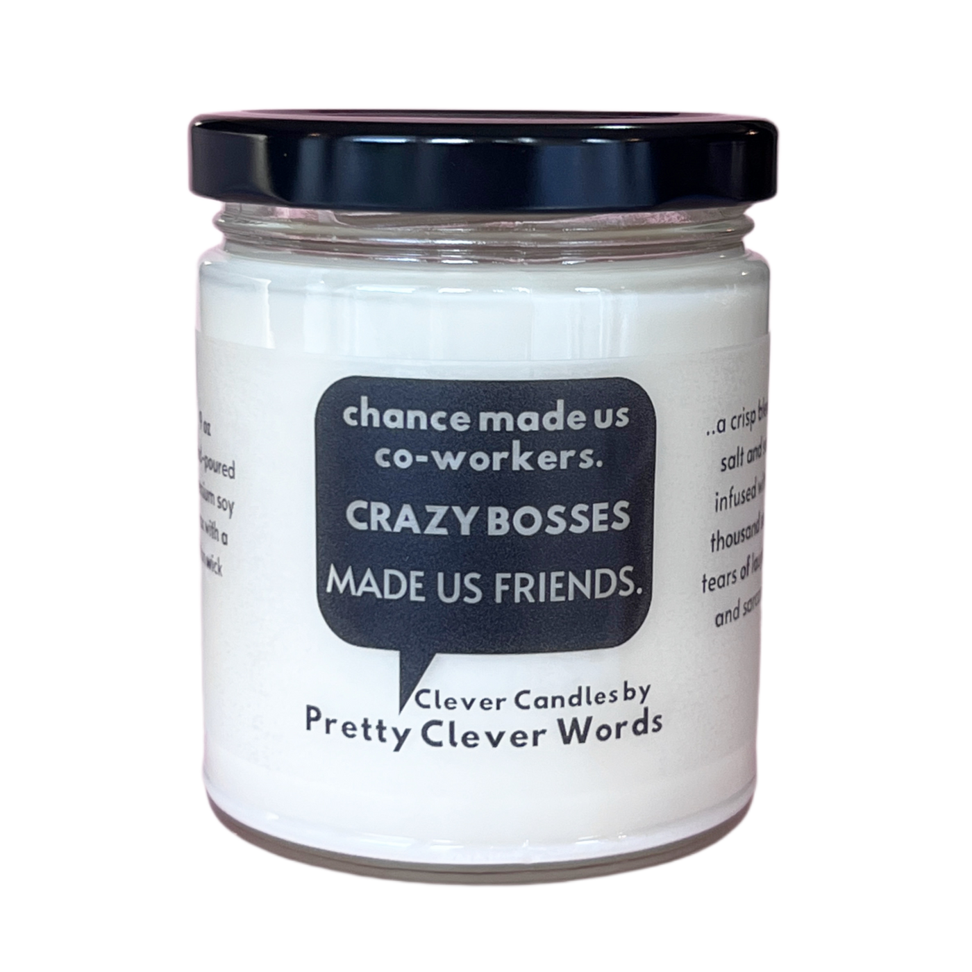 white candle with black lid and words in a black word bubble