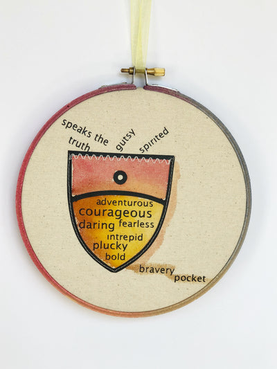 round painted wooden hoop with canvas and a painted pocket shape, filled with words about bravery, such as speaks the truth, gutsy, spirited, adventurous, courageous, fearless, daring, intrepid, plucky and bold
