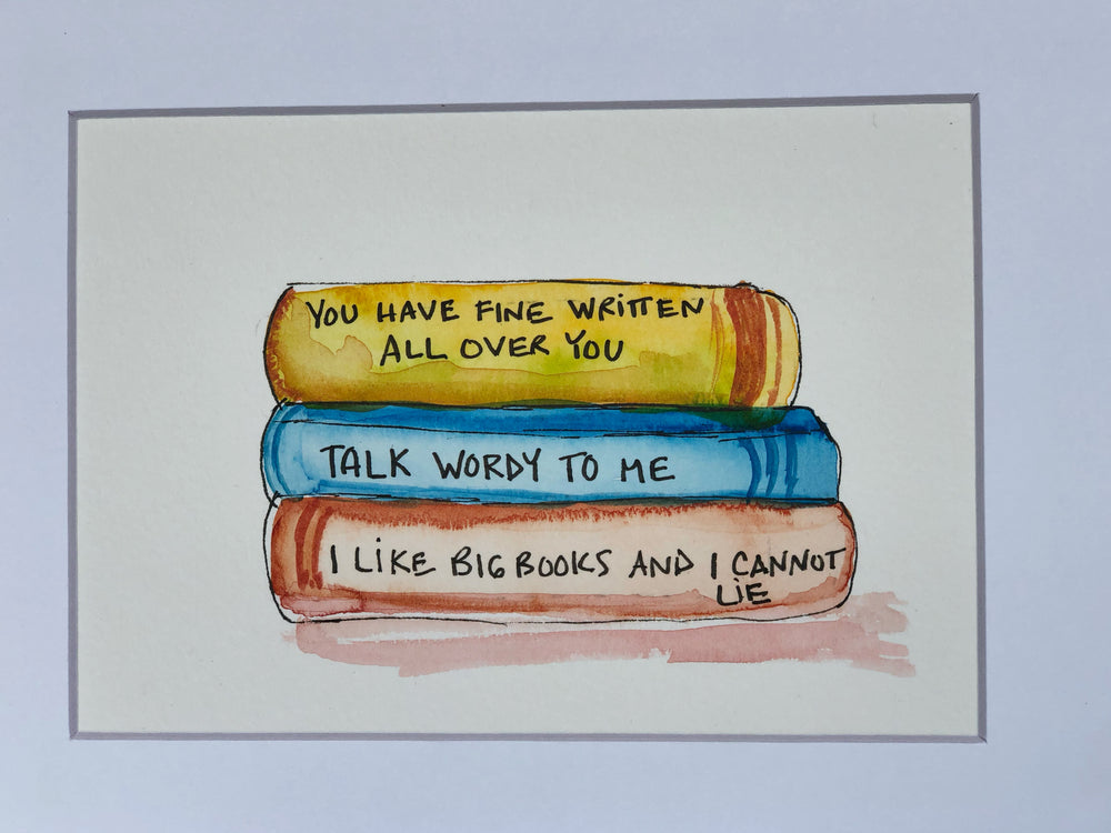 original watercolor print with three stacked books painted in burnt yellow, cerulean blue and brick red
