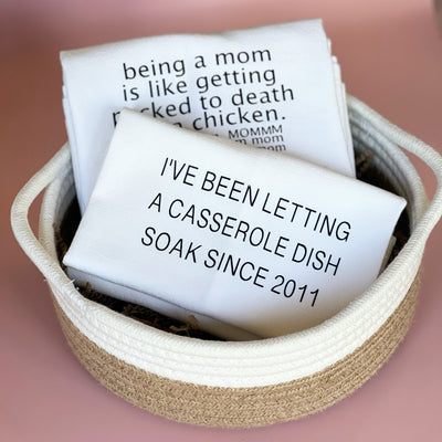 letting that casserole dish soak - humorous bar kitchen towel SM