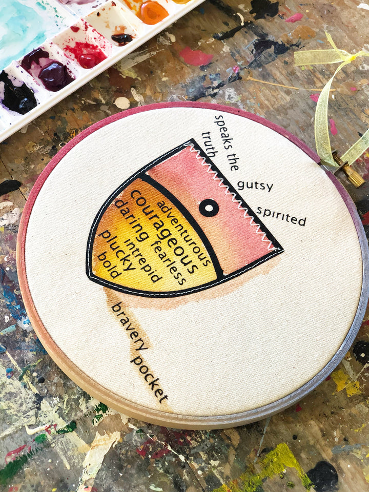 round painted wooden hoop with canvas and a painted pocket shape, filled with words about bravery, such as speaks the truth, gutsy, spirited, adventurous, courageous, fearless, daring, intrepid, plucky and bold