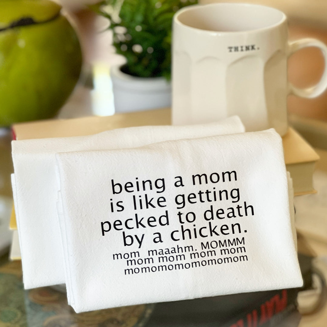 being a mom is like being a chicken - humorous bar kitchen towel SM