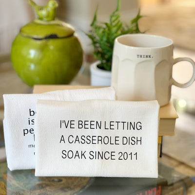 letting that casserole dish soak - humorous bar kitchen towel SM