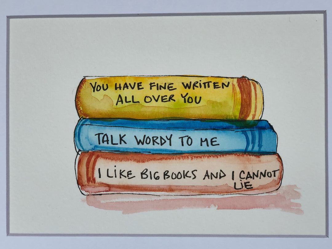 original watercolor print with three stacked books painted in burnt yellow, cerulean blue and brick red