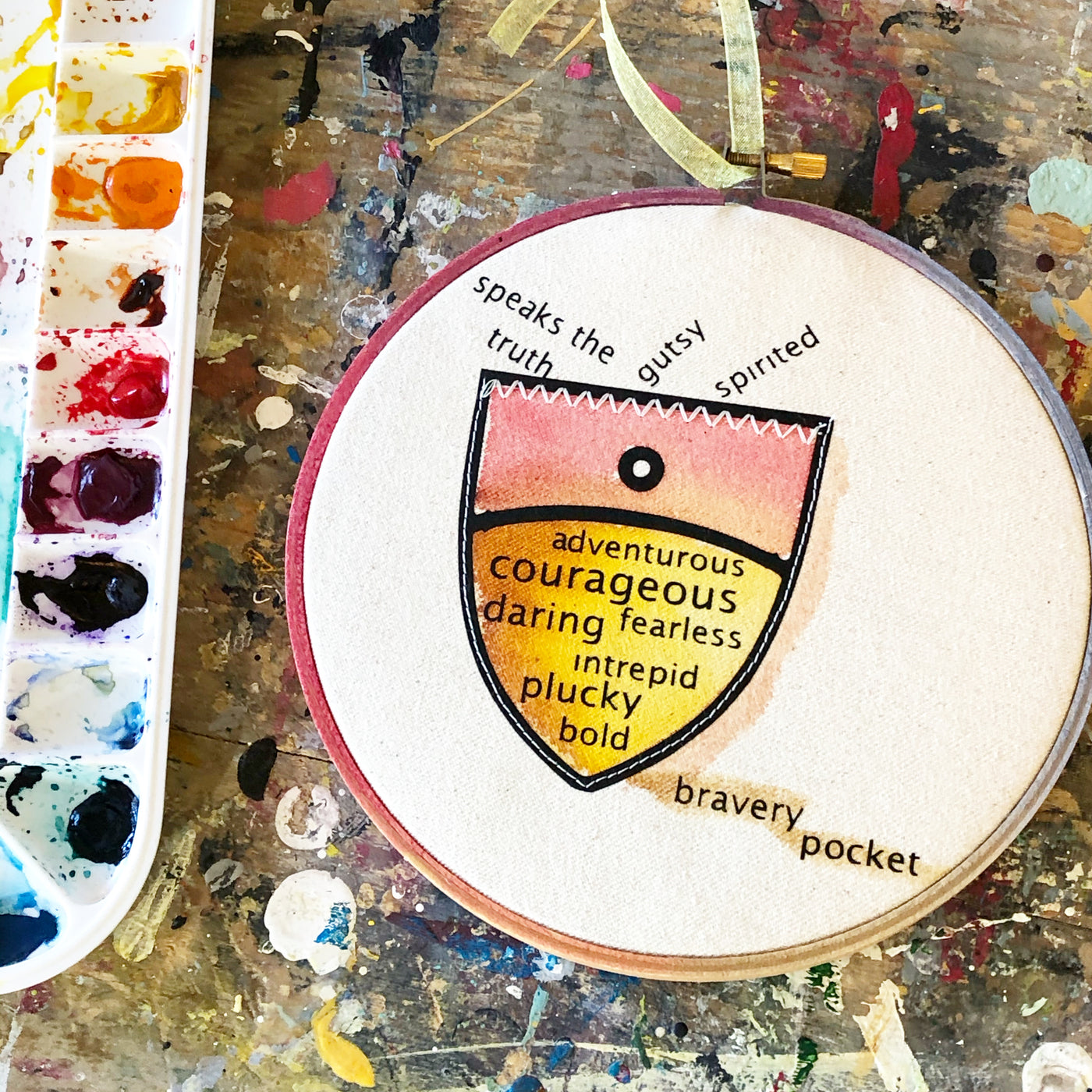 round painted wooden hoop with canvas and a painted pocket shape, filled with words about bravery, such as speaks the truth, gutsy, spirited, adventurous, courageous, fearless, daring, intrepid, plucky and bold - all next to a watercolor paint set
