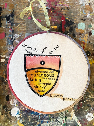 round painted wooden hoop with canvas and a painted pocket shape, filled with words about bravery, such as speaks the truth, gutsy, spirited, adventurous, courageous, fearless, daring, intrepid, plucky and bold