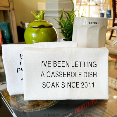 letting that casserole dish soak - humorous bar kitchen towel SM