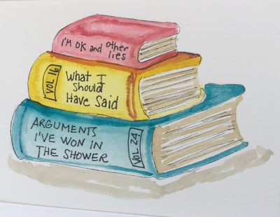 original watercolor painting of three books in red, yellow and blue