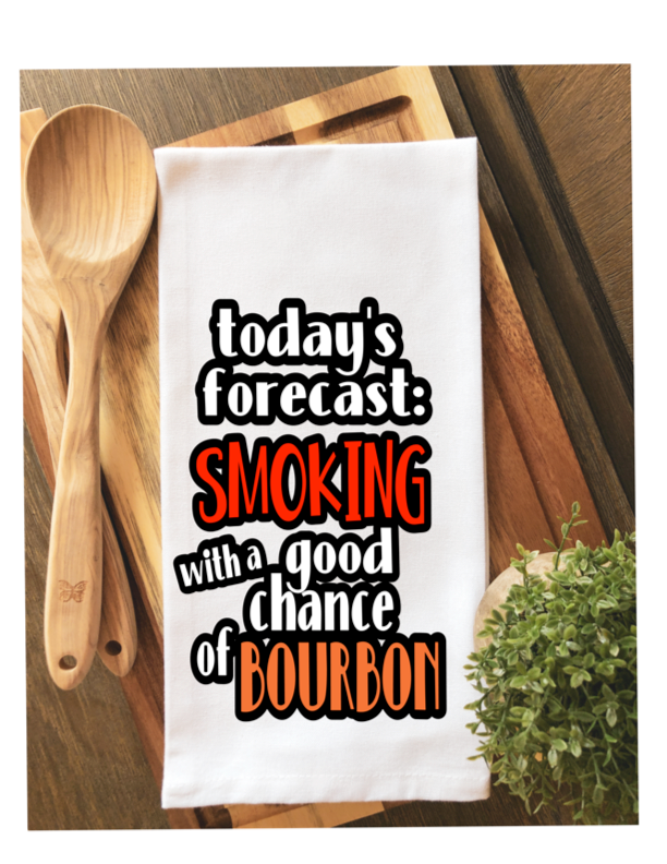 today's forecast has a good chance of BBQ - humorous bar, tea and kitchen towel LG