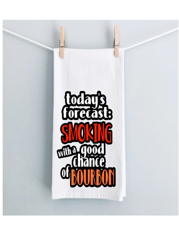 today's forecast has a good chance of BBQ - humorous bar, tea and kitchen towel LG